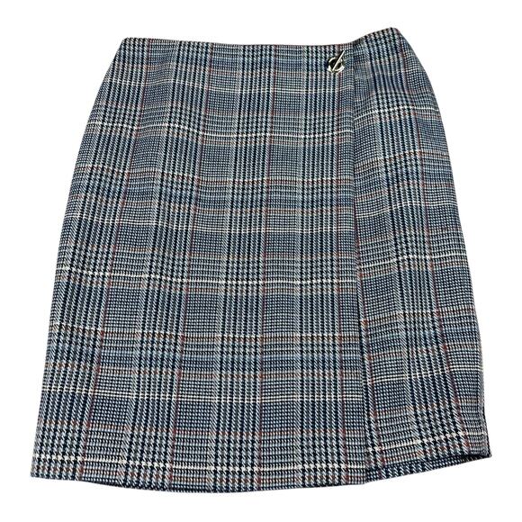 CALVIN KLEIN Gray Orange Blue Faux Wrap Wool Blend Pencil Mini Skirt Size 6P - Picture 1 of 7